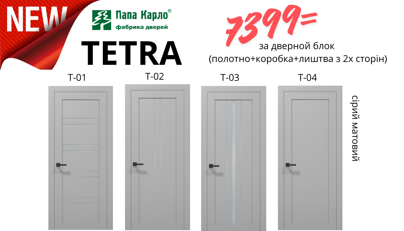 Двері ПАПА КАРЛО TETRA в декорі «сірий матовий» вже є в наявності на складі фото 1 | Соло Двері