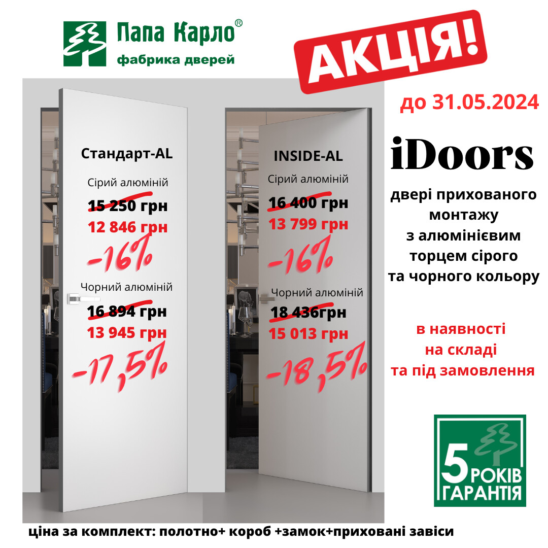 Акцію ПАПА КАРЛО на двері прихованого монтажу iDoors продовжено до 31.05.2024 фото 1 | Соло Двері